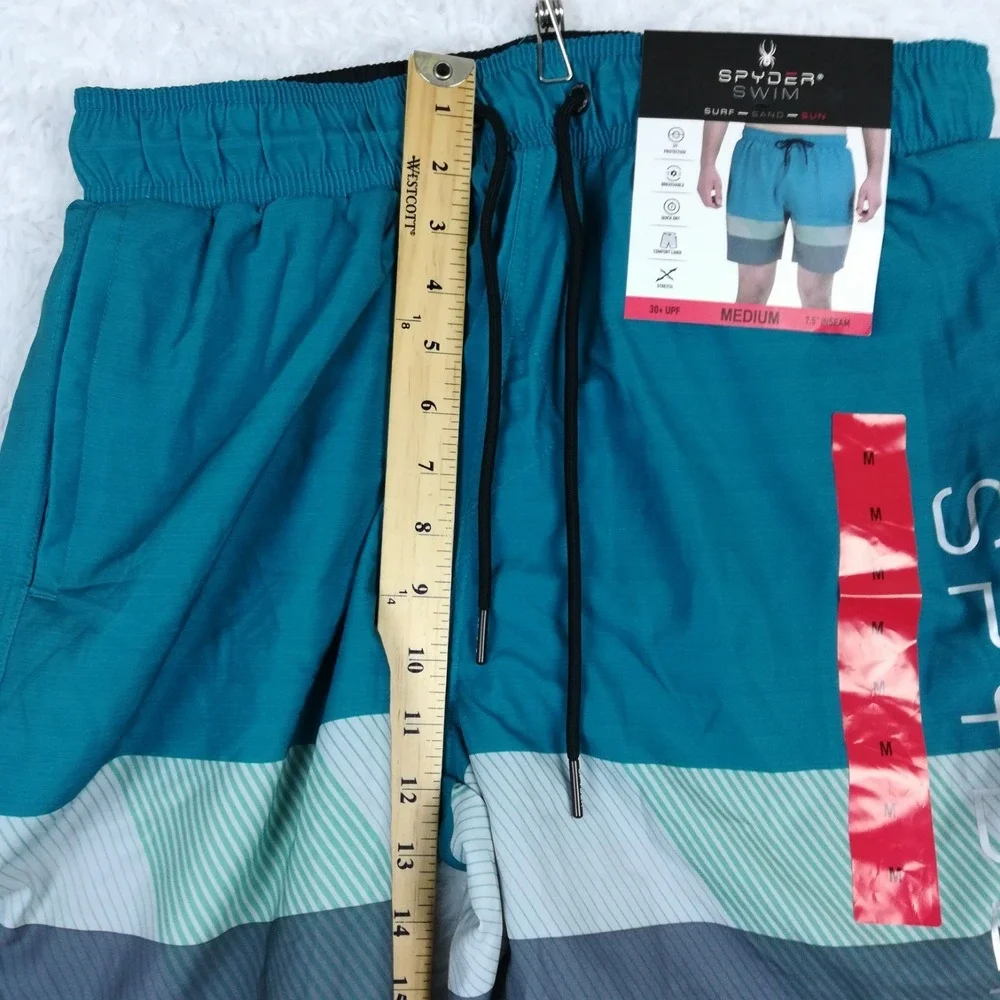 Spyder Swim Mens Trunks Shorts‎ 30+ UPF Teal Colorblock Surf Comfort Liner M New